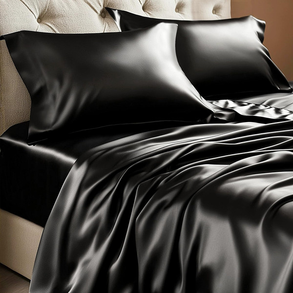BEDELITE Satin Sheets California King Size Bed Set, Black, 4 Pieces