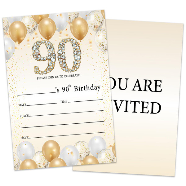 90th Birthday Invitations for Women Men, Gold 90th Birthday Party Invitations with Envelopes, Women Men 90 Years Old Birth Party Decoration Supplies/bir90-gold