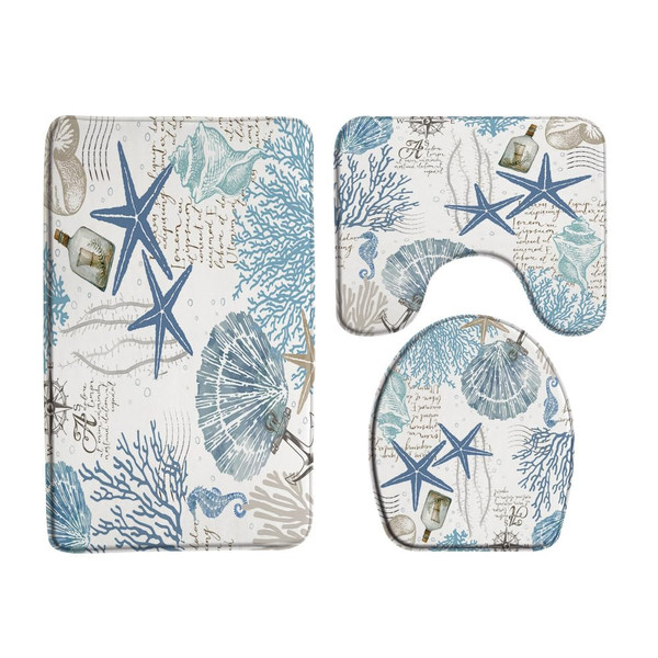 3PCS Bathroom Mat Set, Nautical Coastal Starfish Seashell Coral Ocean Beach Seascape U-Shaped Mat and Toilet Lid Cover Soft Plush Memory Foam Bathroom Toilet Rugs