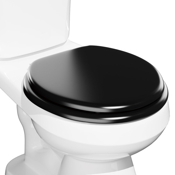 Round Black Wood Toilet Seat with Baked Enamel Finish, Heavy Duty Round Toilet Seat for Bathroom, Support 400 lbs, Wooden Toilet Lid with Chrome Hinge, Grip-Tight Bumpers, Easy Clean, Quick Assembly