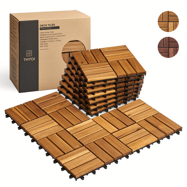 THYOI Premium Deck Tiles, 10 Pcs Patio Flooring - Golden Teak - Round Joint