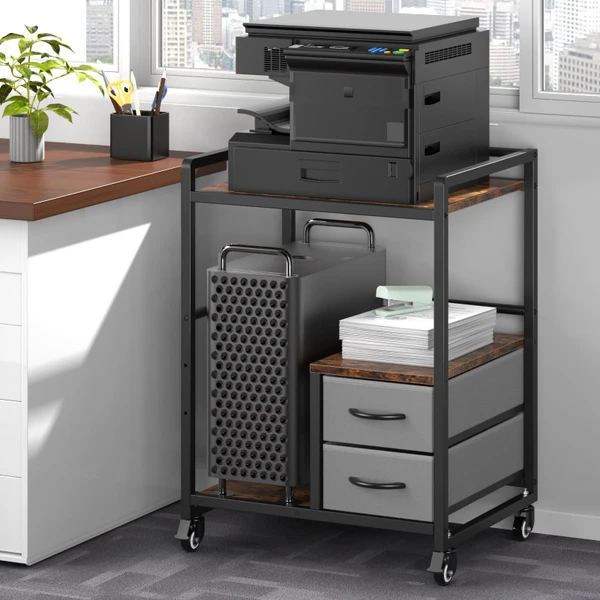 22" x 18.5" Large Printer Stand with Wheels, Mobile Rolling Printer Table Cart for Home Office, Rustic Brown Storage Organizer for Scanner, Fax, CPU, Shredder