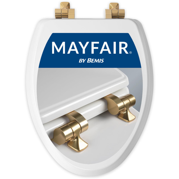 Mayfair Bennett Toilet Seat with Brushed Gold Hinges, Slow Close Wood Seat, Secure Metal Hinges, Easy Install, Made in USA, Elongated, White