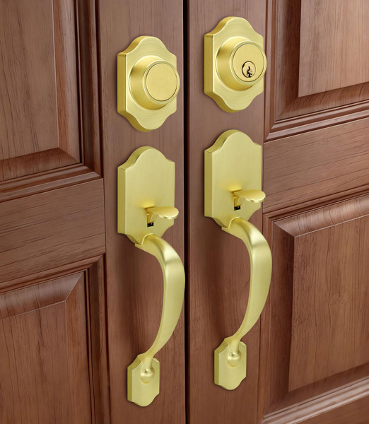 Moquin Brushed Gold Double Door Handle Set for Front Door, Gold Classic Double Front Door Lock Set with Dummy, Reversible Handle Lever for Entrance Exterior Doors, Satin Brass