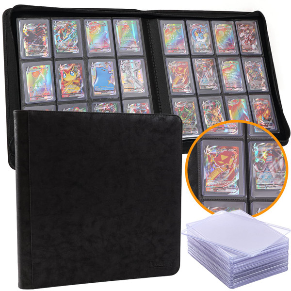 Toploader Binder | Holds ３８４ Toploaders | 2４ Toploaders INCLUDED | １２-Pocket | Ringless Double-Sided Pockets for TCG, Sports | Premium Top Loader Storage (Black)