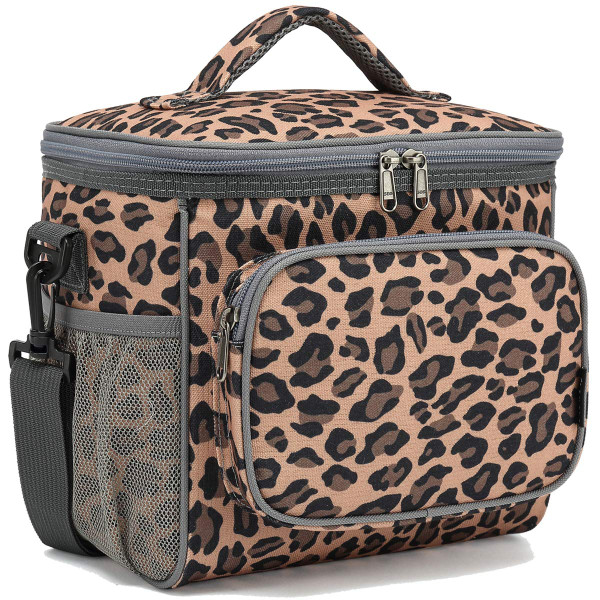 FlowFly Insulated Reusable Lunch Bag Adult Large Lunch Box for Women and Men with Adjustable Shoulder Strap,Front Zipper Pocket and Dual Large Mesh Side Pockets,Leopard