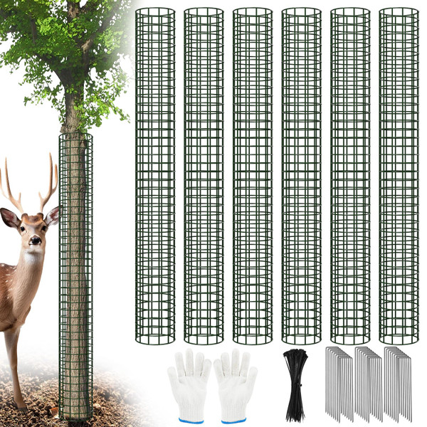 Tree Trunk Protector 48 Inch Tall, 6 Pcs Metal Mesh Tree Guards with Glove, Stakes and Zip Ties Bark Guard Protector for Saplings Plants from Deer, Animal, Trimmers, Mowers