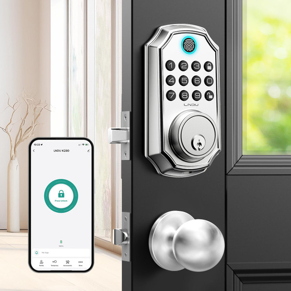 Keyless Entry Door Lock, Smart Deadbolt Lock with Handleset D180 & D280 (Fingerprint & Leveler) (Sliver)