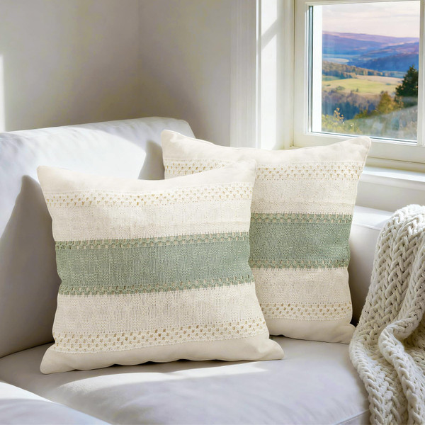 Hibate Set of 2 Sage Green Boho Throw Pillow Covers 18x18 Inch Decorative Cushion Covers for Couch Bed Sofa Chair Cotton Macrame Décor Decorations (Type A)