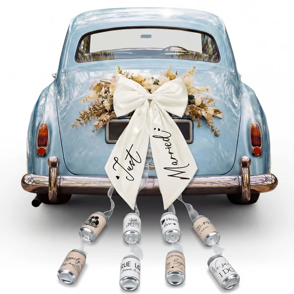 Thiccywoov 18 Pcs Just Married Car Decorations Wedding Car Decorations Giant Pull Ribbon Bow Tin Cans Stickers for Automotive Decor Accessories Bride Vehicles Photo Props Elegant Wedding Party Decor