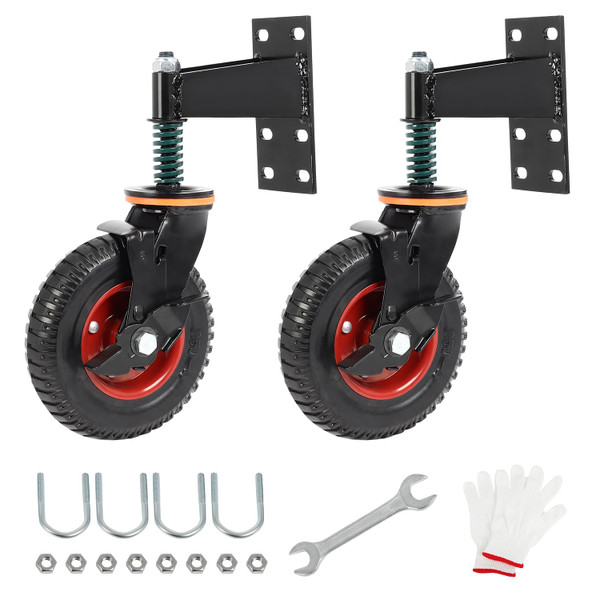 FAHKNS 8" Gate Wheels with Brake, 360 Degree Swivel Spring-Loaded, 600 Lbs Capacity, Heavy Duty Gate Wheel for Metal Swing Tube Gate Wooden Fence Gate, 2 Pack