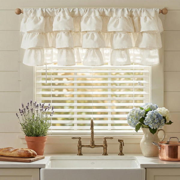 NICETOWN Farmhouse Valance Curtains 18 Inches Long for Kitchen & Bathroom, Three-Tiered Ruffled Linen Valances for Window, Shabby Chic Light Filtering Rod Pocket Design, 52 W