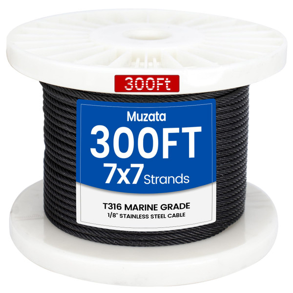 Muzata 300ft 1/8" Black T316 Stainless Steel Cable Railing Wire Rope WR19