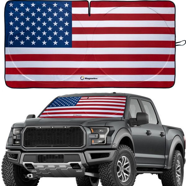 Magnelex American Flag Windshield Sun Shade, High-Resolution Sun Shield with Mirror Cut-Out for Automotive Interior Sun Protection Heat Reduction, Folding Car Sunshade with Storage Bag - X-Large