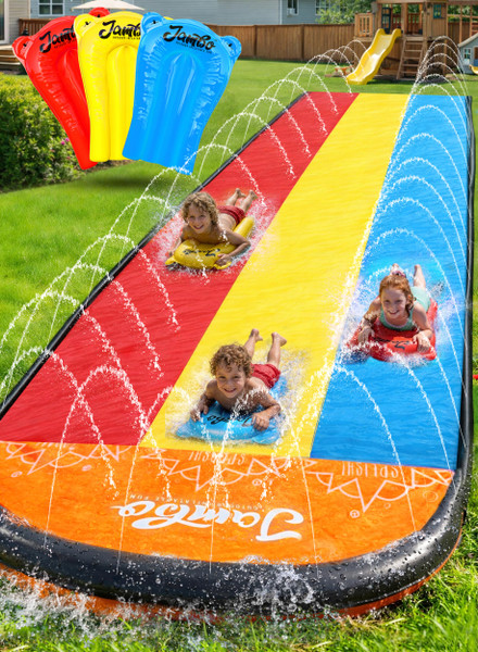 JAMBO Premium Triple Water Slide and 3 Bodyboards, 16Ft Heavy Duty Slip Splash and Slides-Advanced 3-Way Sprinkler System, Splash Pad Mat Backyard Summer Outdoor Water Toys n Long Slides for Kids