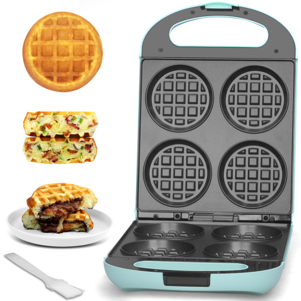 Baker's Friend Multi Stuffed Waffle Maker Thick, 4-Slice with 1.2'' Thick & 4'' Dia, Belgian Mini Waffle Maker Flip, Nonstick Breakfast Sandwich Maker, Stuffed Waffle Iron, Aqua