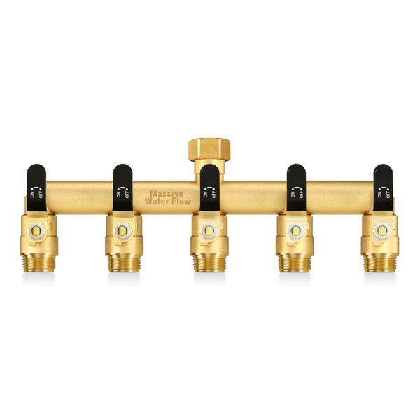5 Way Hose Splitter, Heavy Duty Full Flow Garden Water Hose Bib Spigot Splitter, Brass Rust and Freeze Resistant Outdoor Faucet Splitter, T Adapter Connector with 3/4 - Inch GHT Thread （Black）