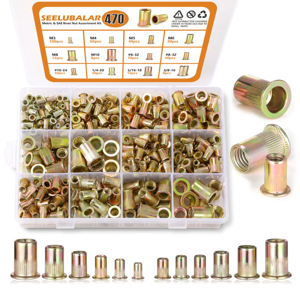 470PCS SAE & Metric Rivet Nut Kit, 6-32 to 3/8-16, M3 to M10