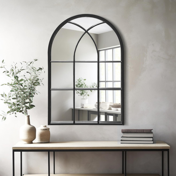 Dewfig Arched Window Wall Mirror, 30"x20" Windowpane Mirror, Black