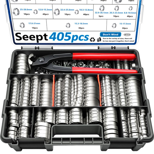 Seept 405Pcs 15-Sizes 304 Stainless Steel Single Ear Hose Clamps with Ear clamp plier 5.3-36.1mm Crimp Hose Clamps Assortment Kit for Auto/Home Appliance/Pipe/Fuel Line