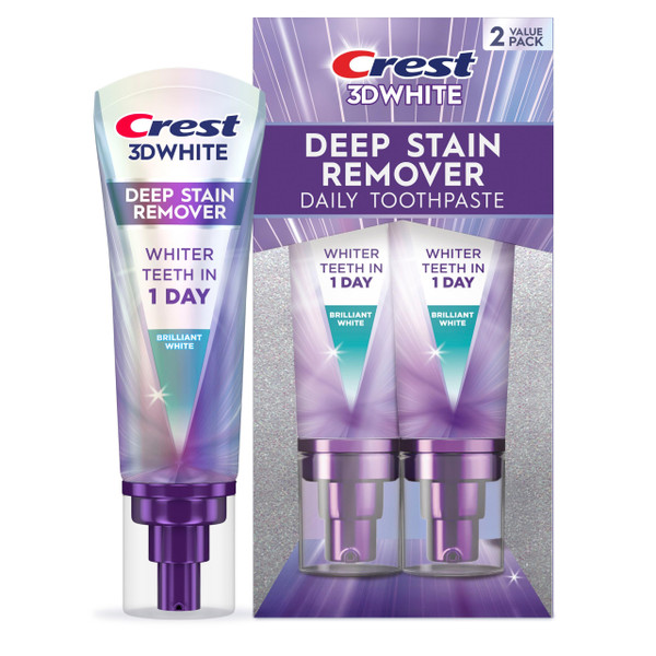 Crest 3D White Deep Stain Remover Brilliant White Toothpaste, 3.1 oz (Pack of 2), Whiter Teeth in 1 Day, Enamel Safe Fluoride Toothpaste for Fast Stain Removal and Prevention