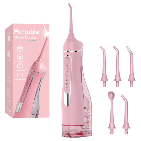 Cordless Portable Water Flosser with 300ML Tank: Rechargeable Oral Irrigator with 5 Tips for Travel, Braces Care and Sensitive Gums, IPX7 Waterproof Teeth Cleaning Device(Pink)