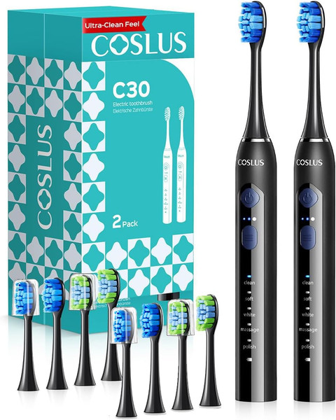 COSLUS C30 Electric Toothbrush for Adults, Ultra-Clean, 2PCS, Black