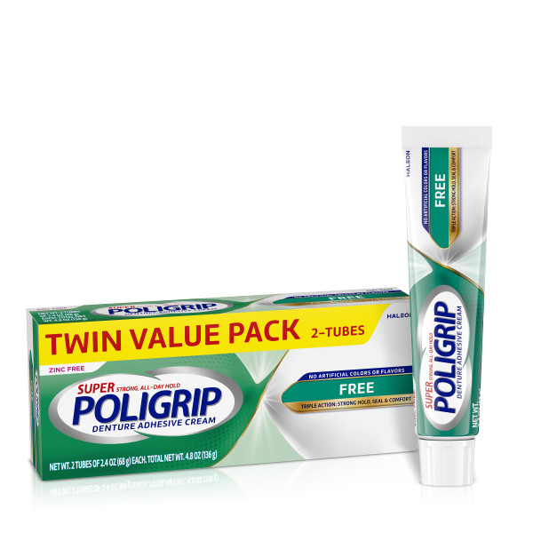 Poligrip Free Denture Adhesive Cream, Strong All-Day Hold, Food Seal, Comfort, Clinically Proven, Flavor-Free, Zinc-Free, 2.4 oz (2 Pack)