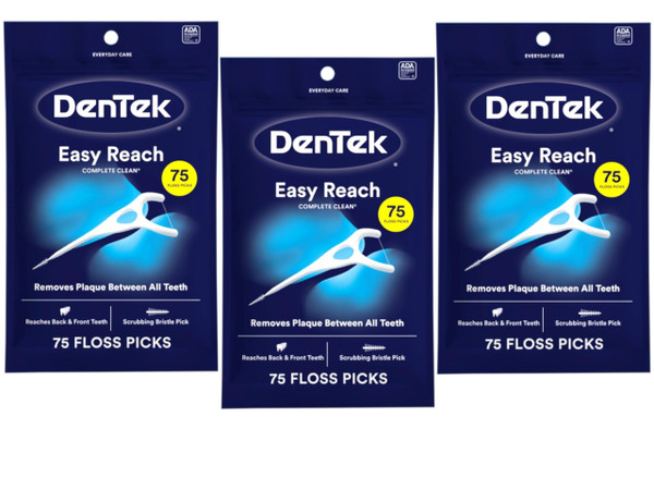 Dentek Floss Picks, Easy Reach for Complete Clean, 75 Count, Pack of 3
