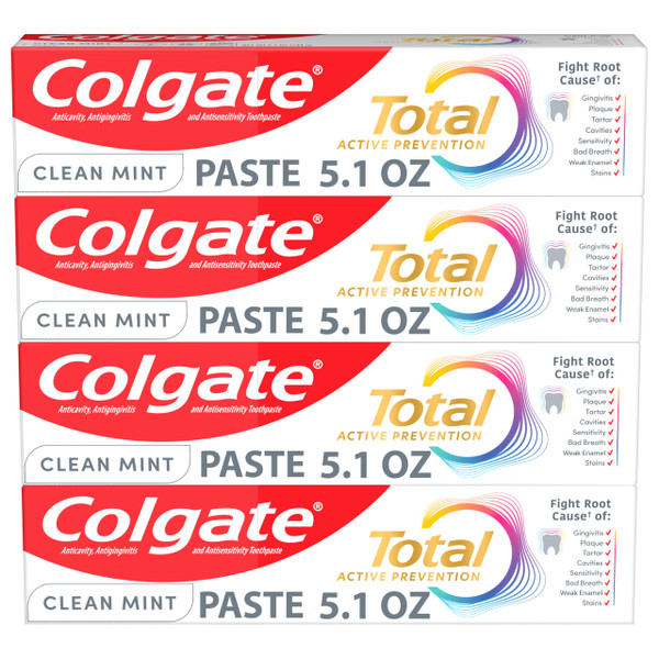 Colgate Total Fluoride Toothpaste, Clean Mint, 4 Pack, 5.1 oz