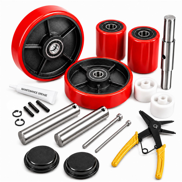 Pallet Jack Wheels Kit for 4000-6000LB Pallet Jack Exact Replacement Set with 7"x2" Steering Wheels, 3"x3.75" Load Wheels, Bearings, Axles & Install Tools - Red Polyurethane (PU) Tread