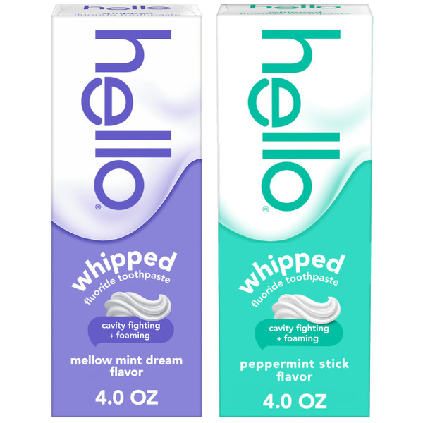 Hello Whipped Mellow Mint Dream and Peppermint Stick Toothpaste Pack, Minty Adult Foam Toothpaste with Fluoride, SLS Free, Freshens Breath, Dreamy Foamy Texture, Fights Cavities, 2 Pack, 4.0 Oz Tubes