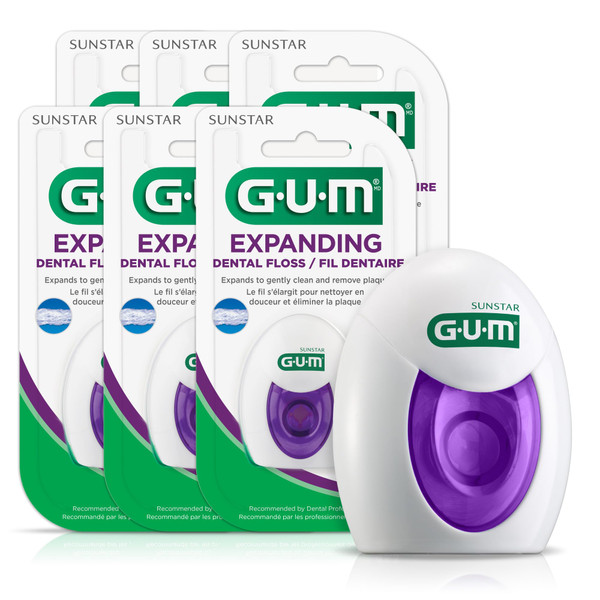 GUM Expanding Waxed Dental Floss, Unflavored Woven Floss, 6-Pack