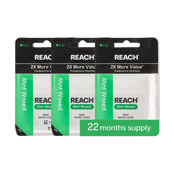 REACH Waxed Dental Floss, 2X More Value, Plaque Remover for Teeth, Shred Resistant, Floss Slides Smoothly, Easy to Use, Waxed, for Adults & Kids, Oral Care, PFAS Free, 3 Pack, 115 yd, Mint