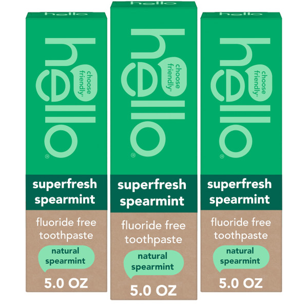 Hello Superfresh Natural Spearmint Fluoride Free Toothpaste for Bad Breath, 5 Oz, Minty Bad Breath Toothpaste, Cool and Refreshing Taste, Helps Whiten Teeth and Reduce Plaque, SLS Free, Vegan, 3 Pack
