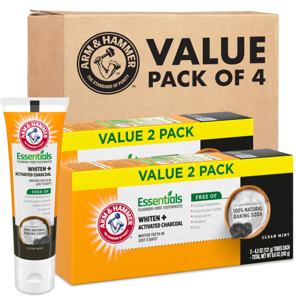ARM & HAMMER Essentials Fluoride-Free Toothpaste, Clean Mint, 4.3oz, 4-Pack