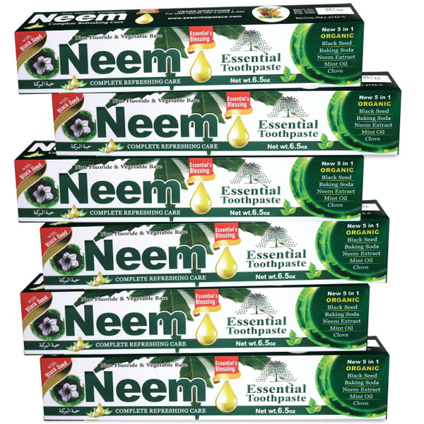 NEEM Essential Toothpaste - 6.53 oz Pack of 6 | New 5 in 1, Fluoride Free