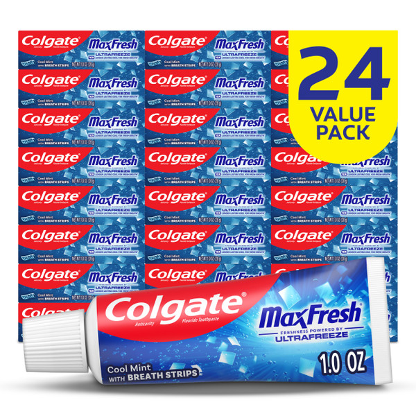 Colgate MaxFresh Fluoride Toothpaste, Travel Size, Mint, Bulk 24 Pack, 1 oz