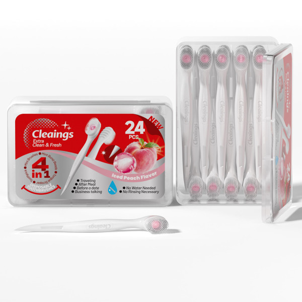 cleaings® 48 Pcs Disposable Mini Toothbrush - Pre-Pasted with Mint Toothpaste & Toothpick - Travel Size Toiletries - 2 Packs of 24 - Iced Peach Flavor