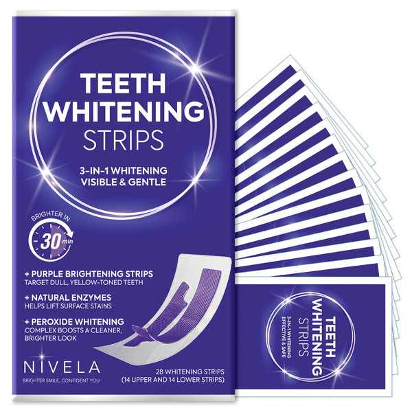NIVELA Purple Teeth Whitening Strips : 14 Treatments Enamel Safe for Sensitive Tooth & Removes Yellow Stains & Bad Breath - Effective Color Correction for a Brighter Smile