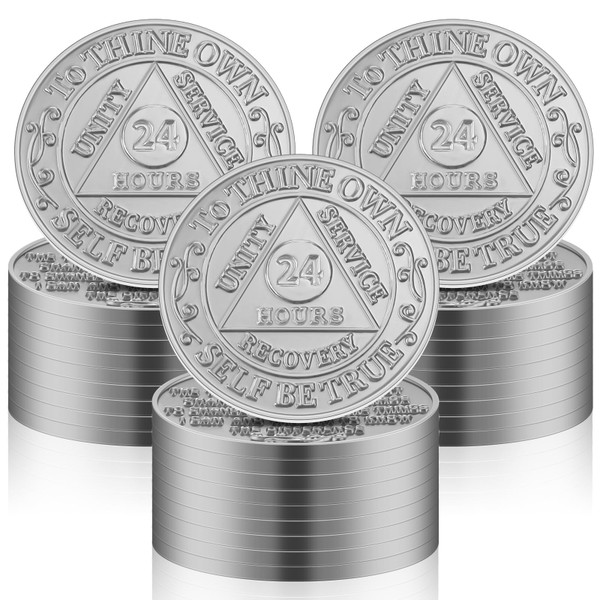 Landical 60 Pcs Recovery AA Chips and Medallions Bulk,Silver,24 Hours