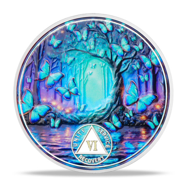 deDecoml Serenity Prayer Recovery Coin Butterfly Tree Design with Unity, Service, and Recovery Triangles Challenge Coin Sobriety Sober Coin NA AA Chips and Medallions (Blue Butterfly Tree, 6 Years)