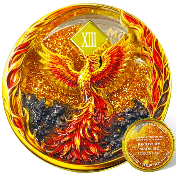 Phoenix Rising Sobriety Coin, Liquid Sand Recovery Chip, from Ashes I Rise AA Token, Sober Reborn Free Medallion, Inspirational Addiction Recovery Gift (Liquid Sand Phoenix Rising Sobriety, 13 Years)