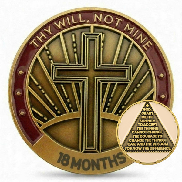 18 Month Cross Sobriety Coin - Serenity Prayer - AA Tokens and Medallions