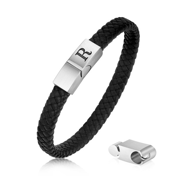 FOCOOG Leather Bracelets for Men - Mens Bracelet with Initial Magnetic Clasp Mens Leather Bracelets for Men Gifts Black Initial R Bracelet for Men's Jewelry Men's Gifts for Husband