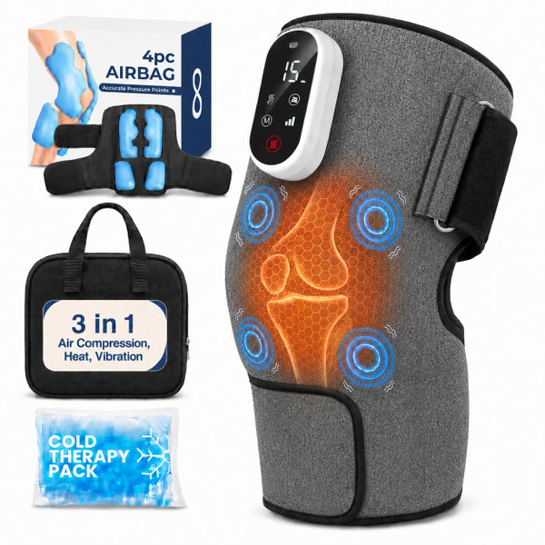 SereneLife 3-in-1 Air Compression Knee Massager with Heat and Vibration, Rechargeable Cordless Knee Wrap, 4 Airbags, 4 Vibration Modes, 2 Heat Settings, Smart LED Controller, Ice Pack, Carry Bag