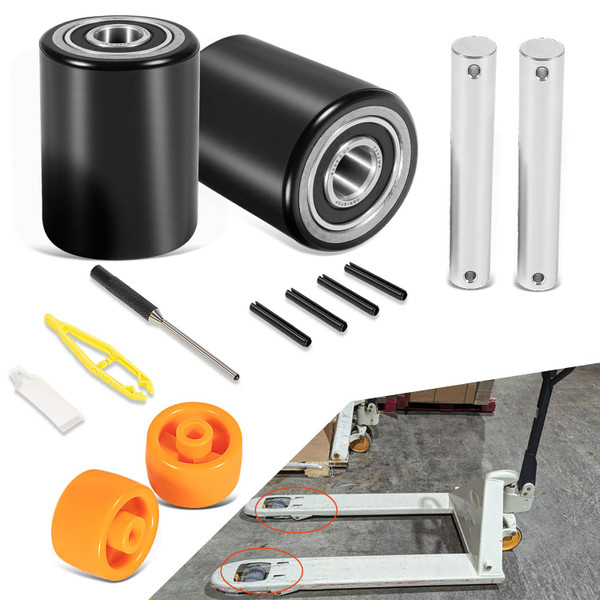 Fit for Crown PTH50 Pallet Jack Front Load Wheels Replacement Kit, Pair Front Load Roller(2.78" x 3.75"), with Pre-Installed Bearings, Axles, 20mm ID Poly Tread, Pins and Install Tool Kit