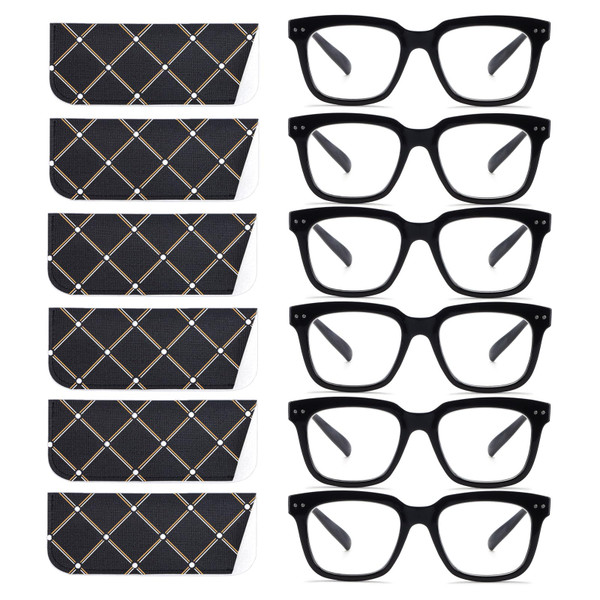 CHOFILORD 6 Pack Fashion Reading Glasses for Women Men Blue Light Blocking Oversized Square Readers with Spring Hinge (6 Pack Black, 2.5)