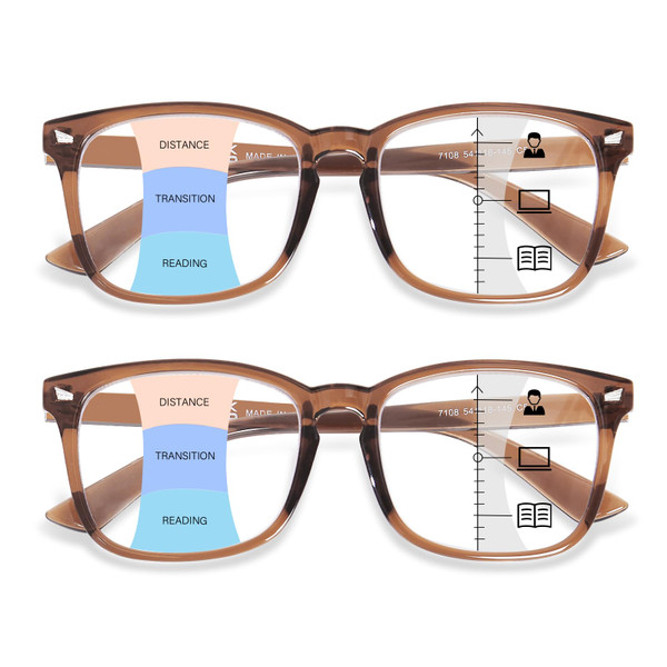 OPTOFENDY Progressive Multifocal Reading Glasses for Women Men, Square Blue Light Blocking Computer Readers, 2 Pack Coffee
