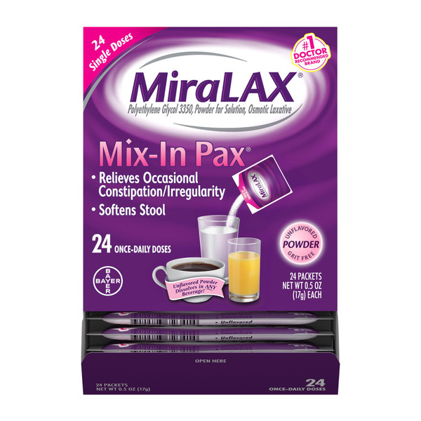 MiraLAX Gentle Constipation Relief Laxative Powder, Stool Softener with PEG 3350, No Harsh Side Effects, 1 Doctor & OBGYN Recommended, Single Dose Mix-in Pax, Travel Pack, 24 Dose